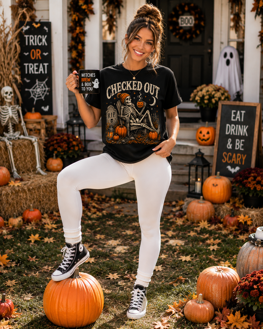 Checked Out Skeleton Halloween Graphic T-Shirt