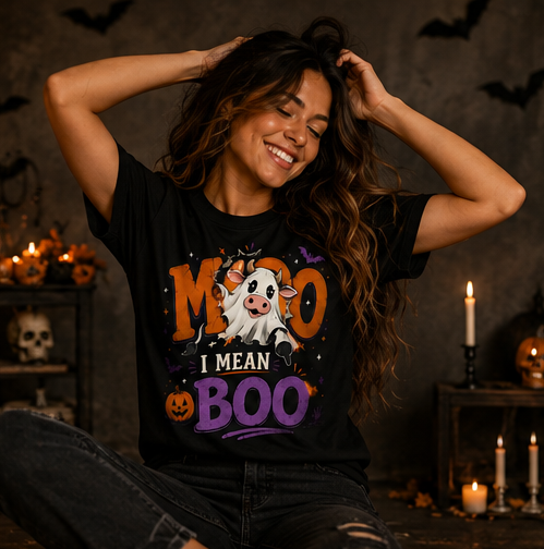 Moo I Mean Boo Halloween Graphic T-Shirt