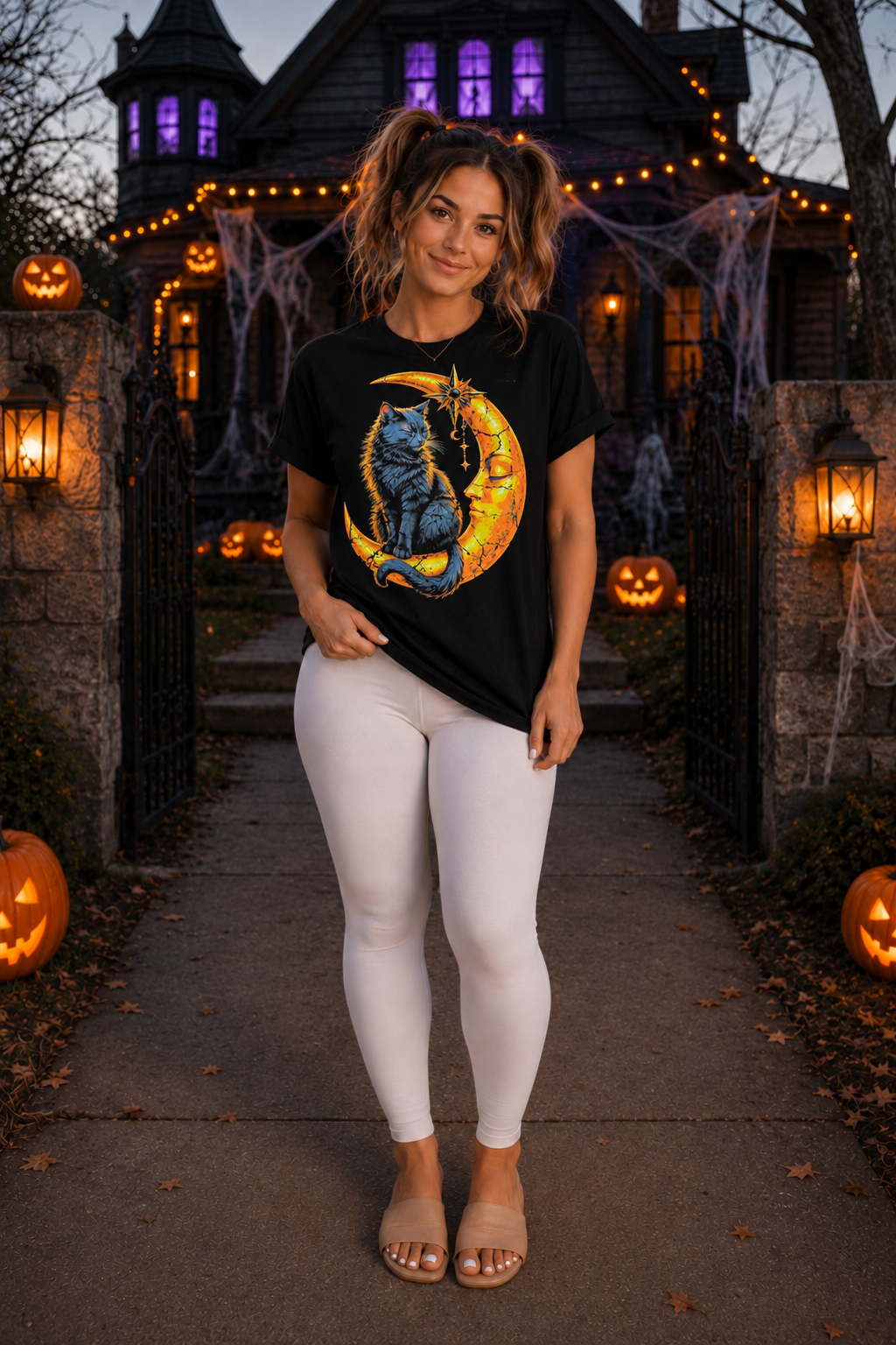 Black Cat & Moon Graphic T-Shirt