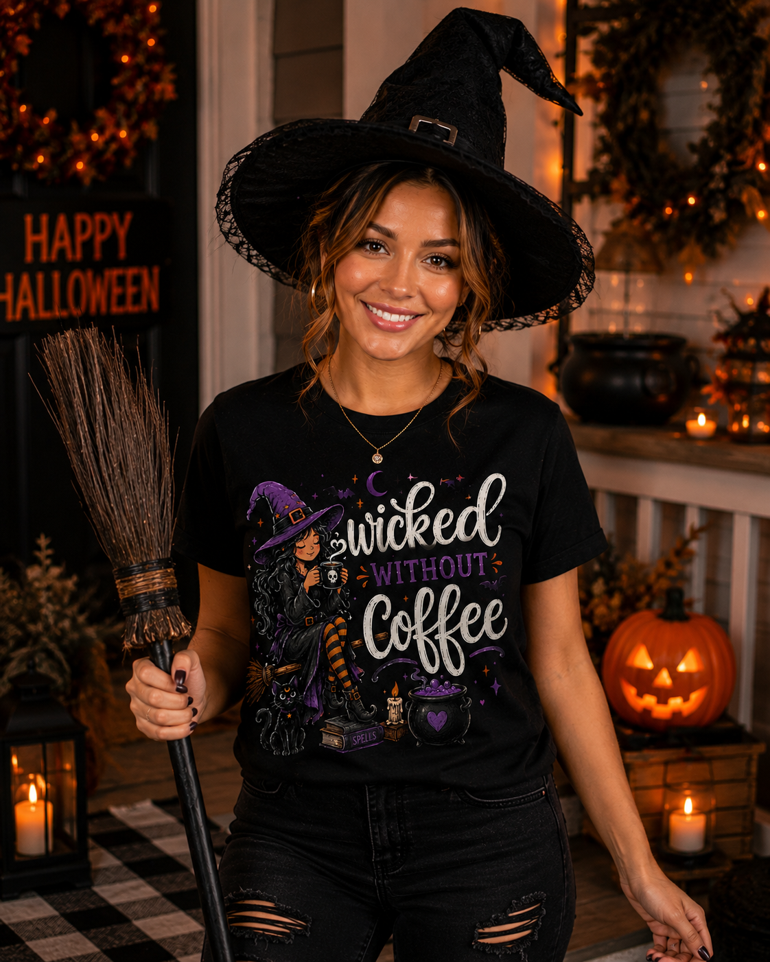 Wicked Without Coffee Halloween Graphic T-Shirt