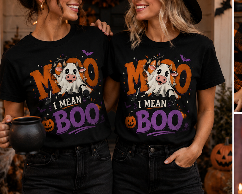Moo I Mean Boo Halloween Graphic T-Shirt
