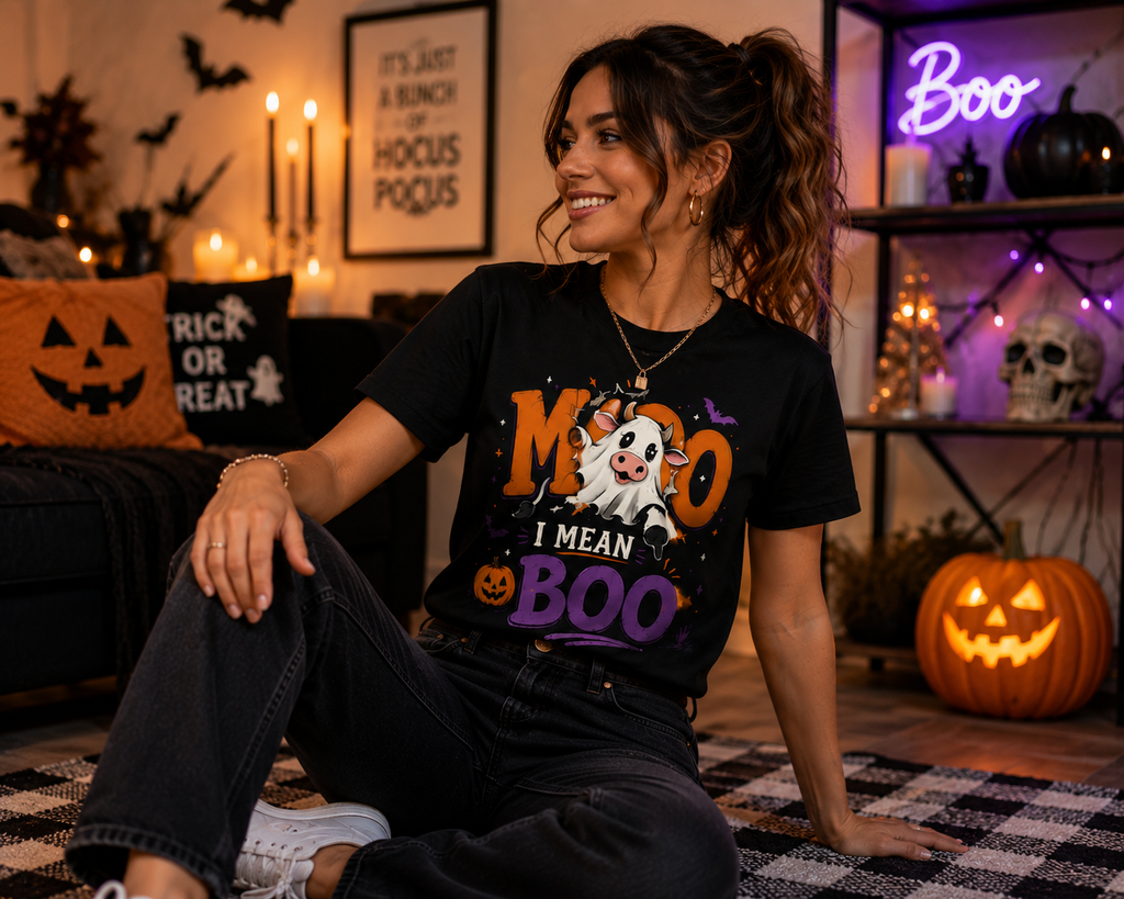 Moo I Mean Boo Halloween Graphic T-Shirt