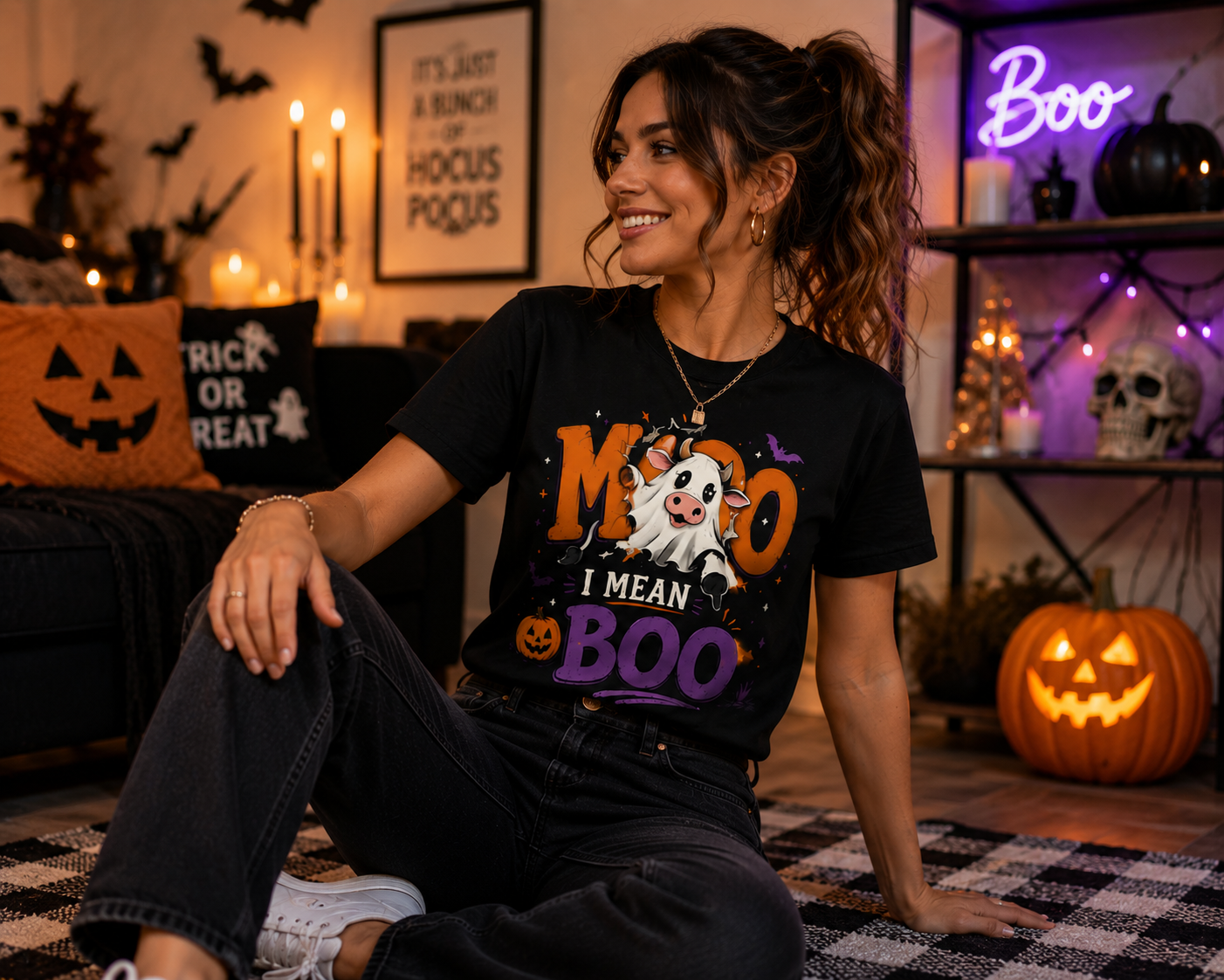 Moo I Mean Boo Halloween Graphic T-Shirt