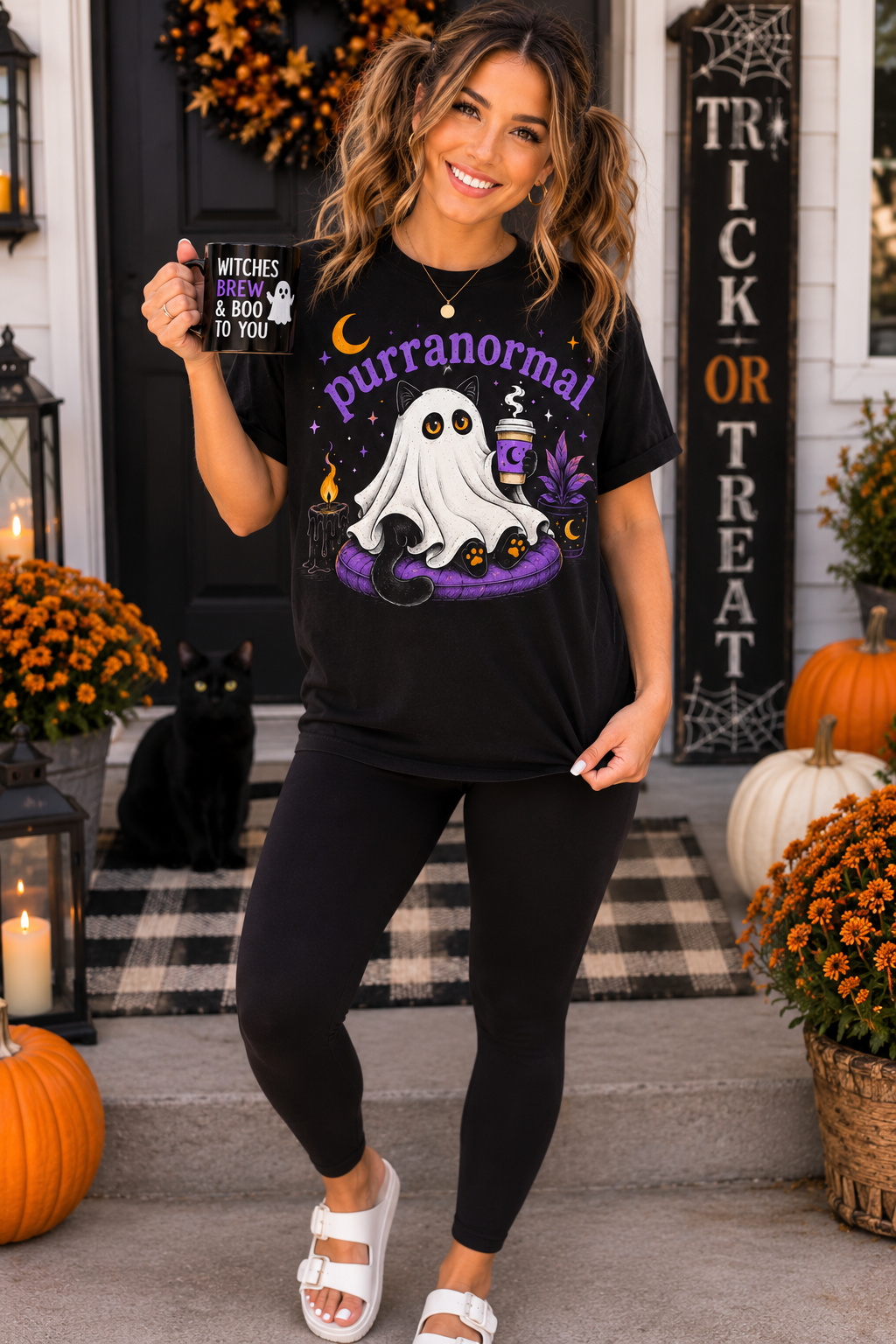 Purranormal Cat Ghost Halloween Graphic T-Shirt