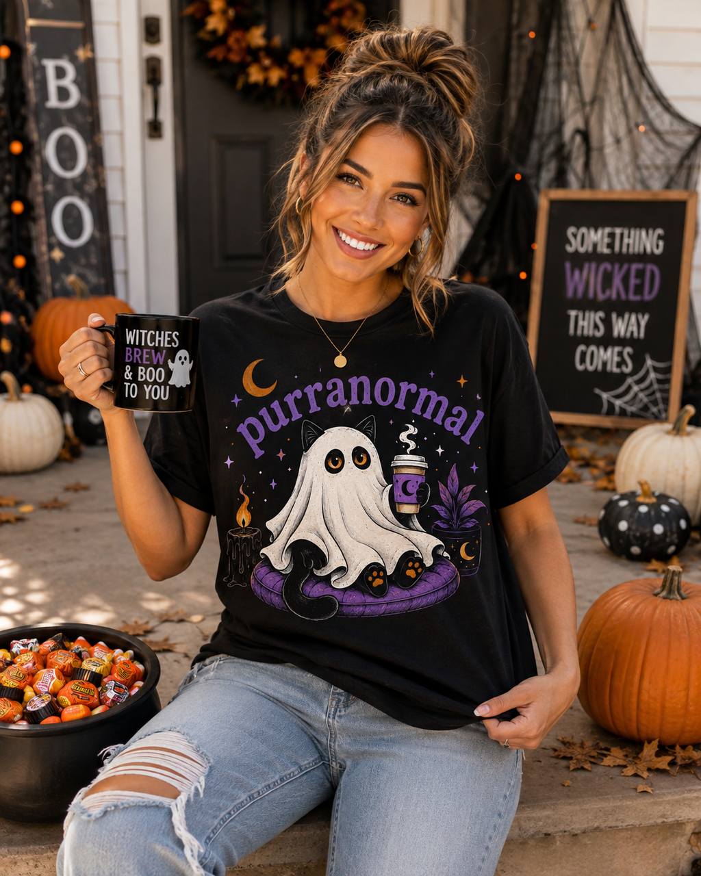 Purranormal Cat Ghost Halloween Graphic T-Shirt