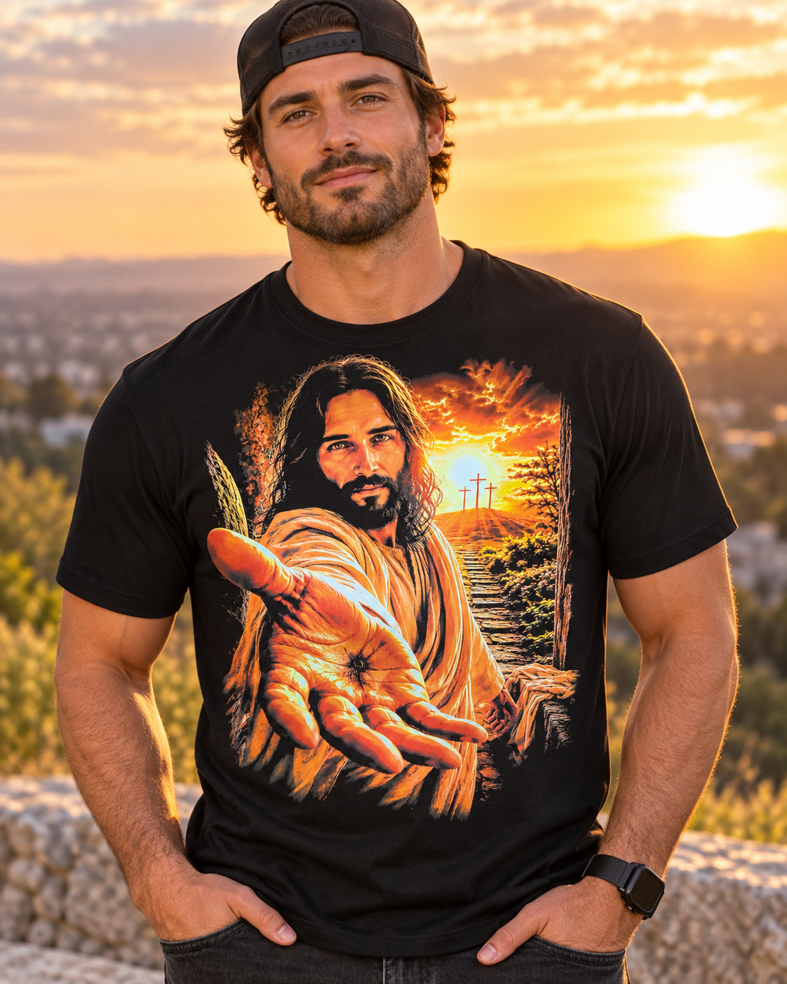 Jesus Reaching Out Christian Graphic T-Shirt