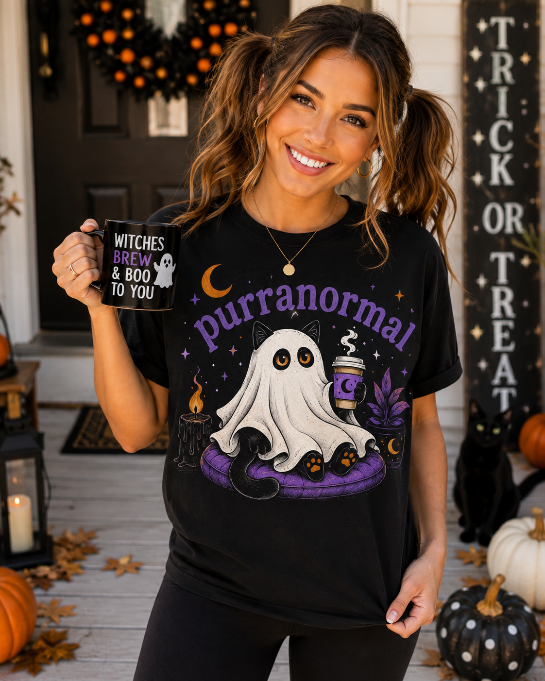 Purranormal Cat Ghost Halloween Graphic T-Shirt
