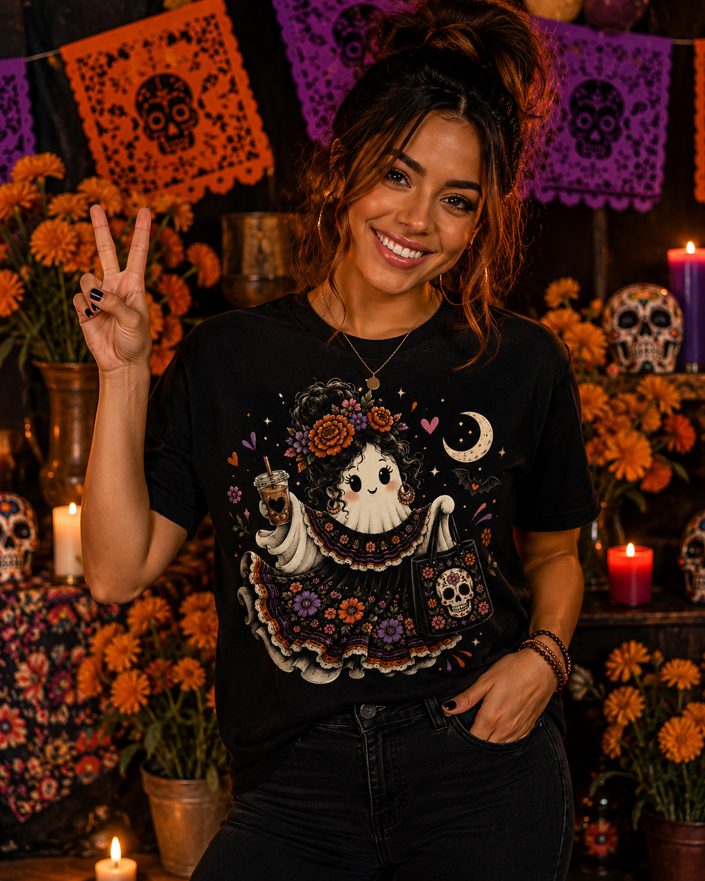 Spooky Señorita Ghost Día de los Muertos T-Shirt