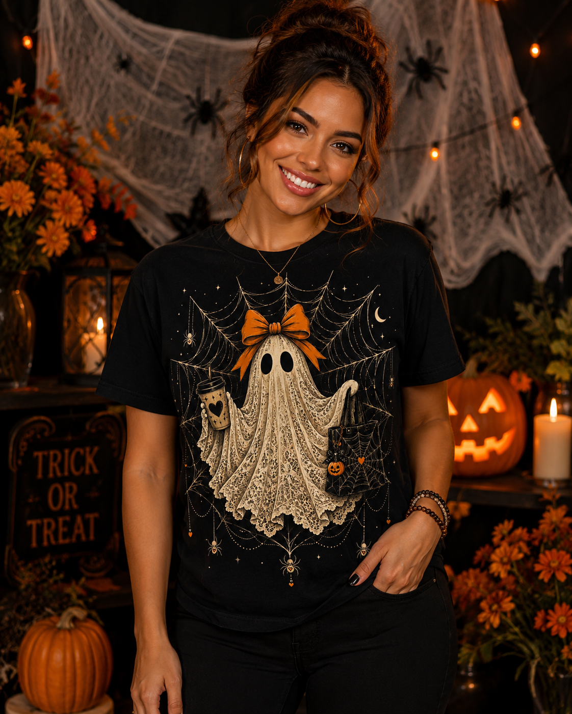 Lace Ghost Halloween Graphic T-Shirt – Cute Spooky Bow Tee