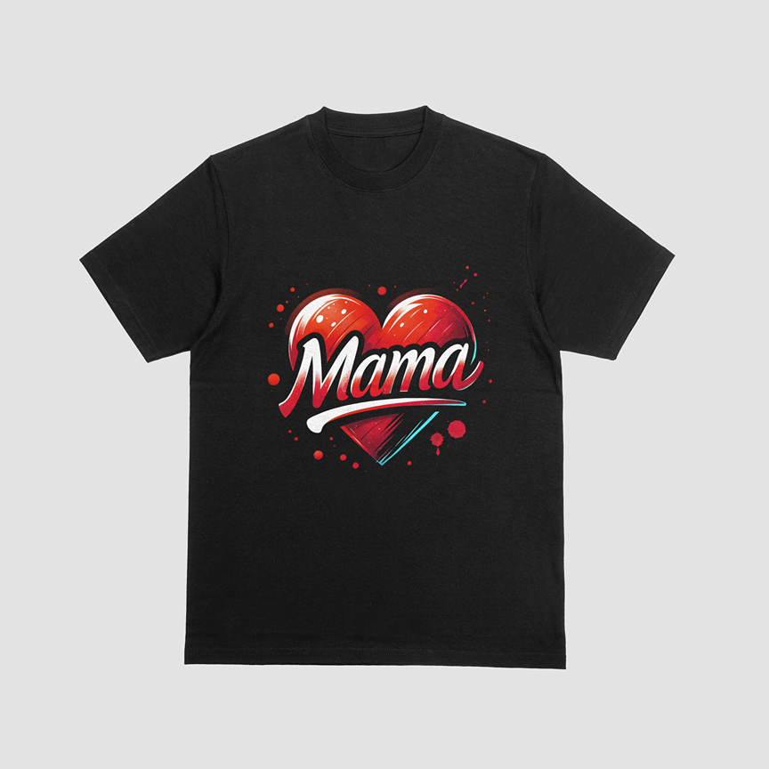A black short-sleeve crewneck t-shirt featuring a graphic on the chest with a red heart and the word 'Mama' in white script with a red outline, set against a light gray background.