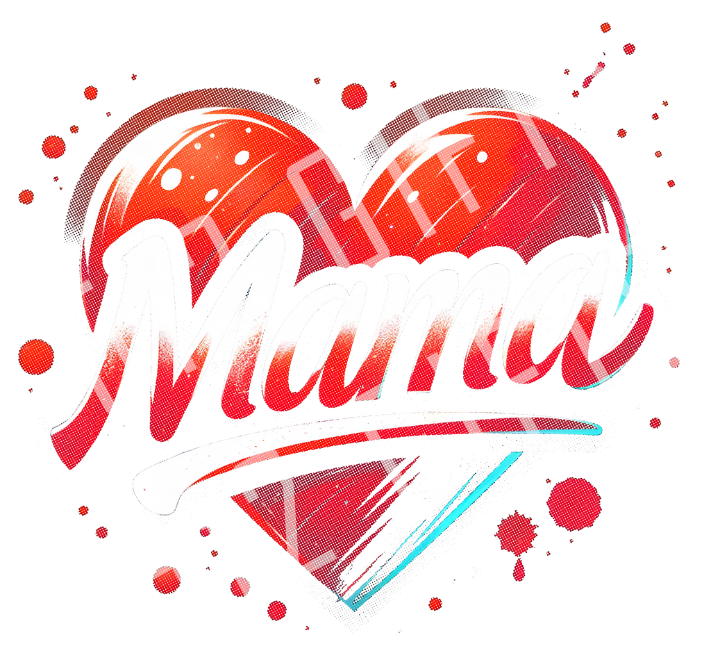 A stylized graphic with the word "Mama" in large white script over a red heart and paint-splatter design on a black background.